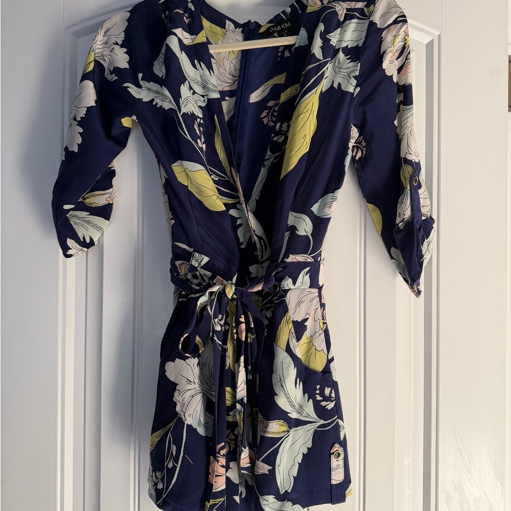 Floral Wrap romper navy and Yellow
